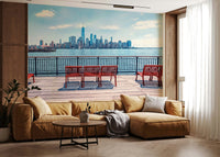 Coastal City Skyline View wallpaper for walls blue.