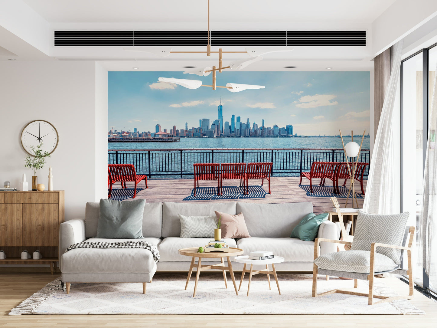 City Skyline View wallpaper for walls wooden pier.