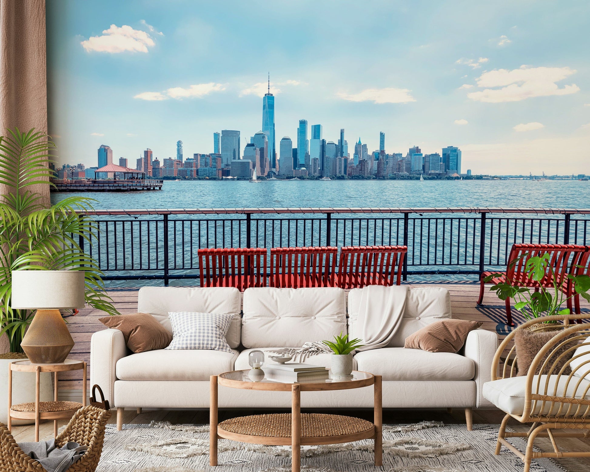 Red bench City Skyline View wall mural harbor.