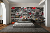 Urban collage wall mural with a dynamic city view.

