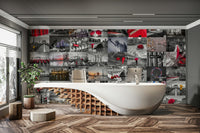 Colorful city skyline collage mural for living rooms.

