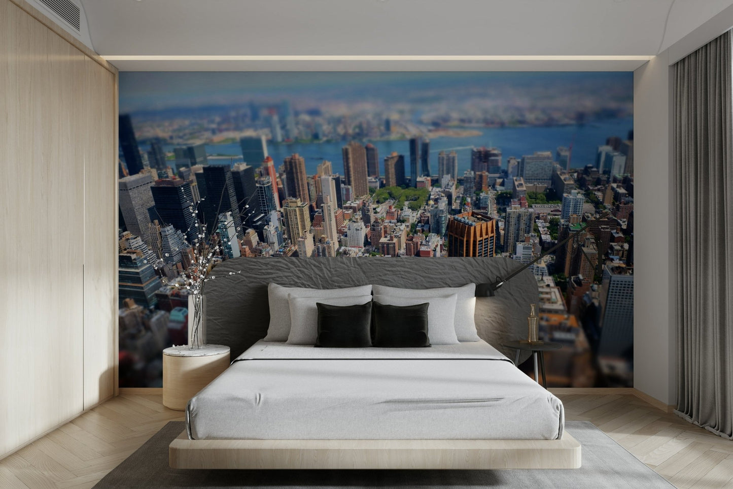 Features a cityscape with buildings and structures.
