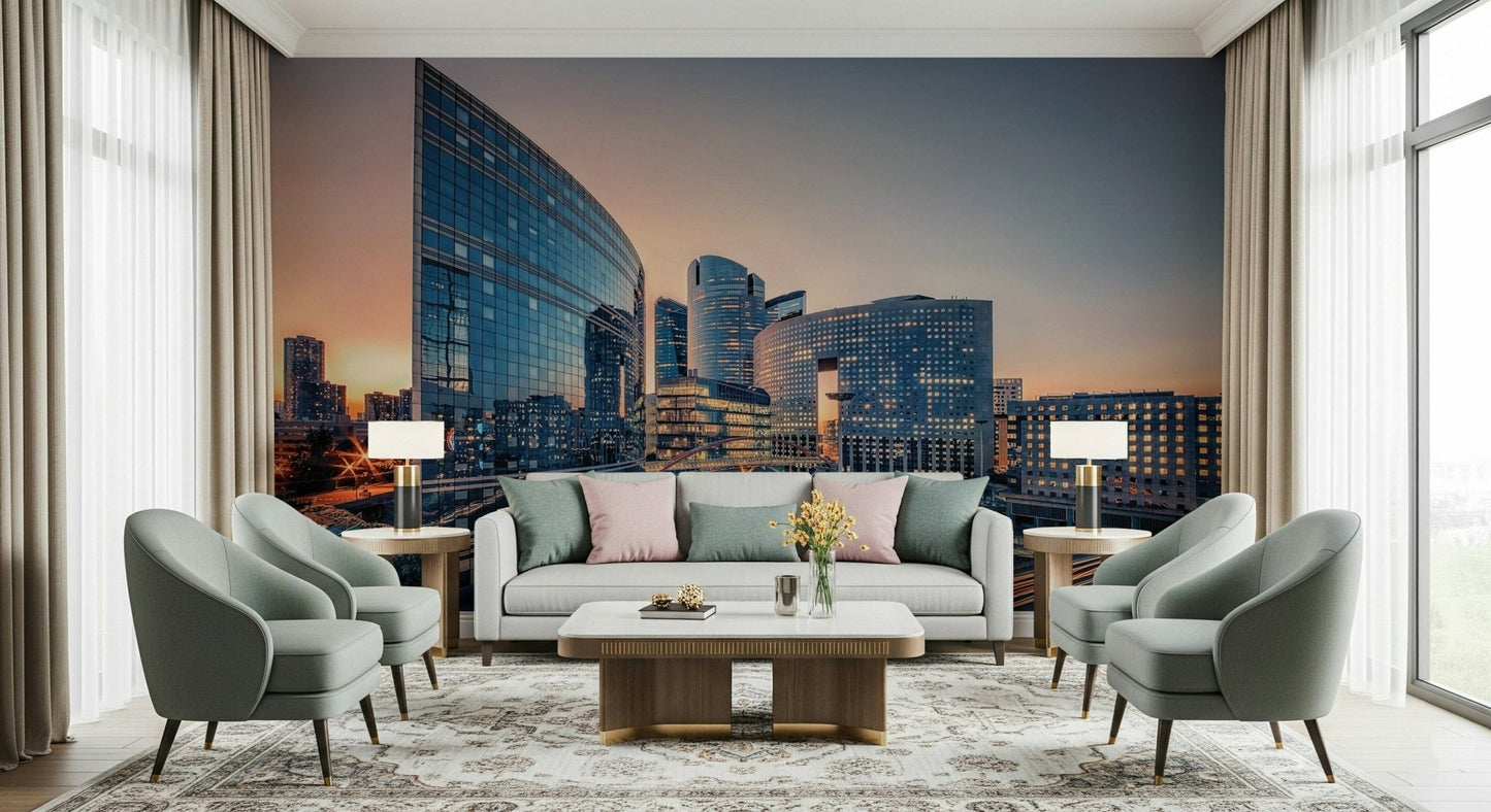 Minimal lounge room with serene skyline mural, modern home styling look