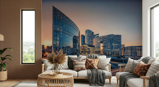 Cityscape Serenity Wall Mural in modern living space, calm skyline home styling