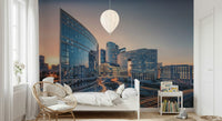 Bedroom feature wall with serene cityscape mural, gentle skyline backdrop