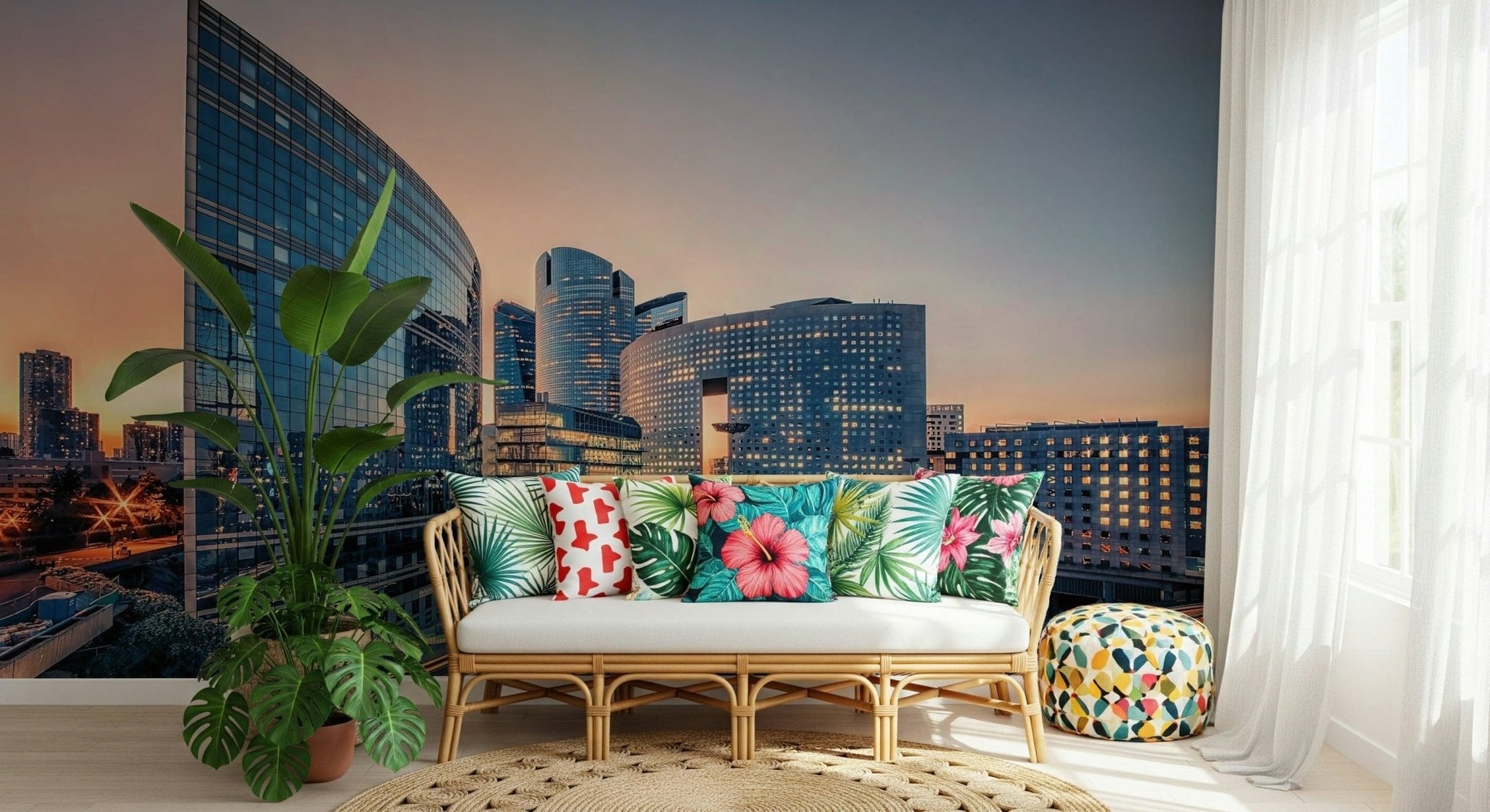 Entryway feature wall with soft cityscape wallpaper, contemporary living space