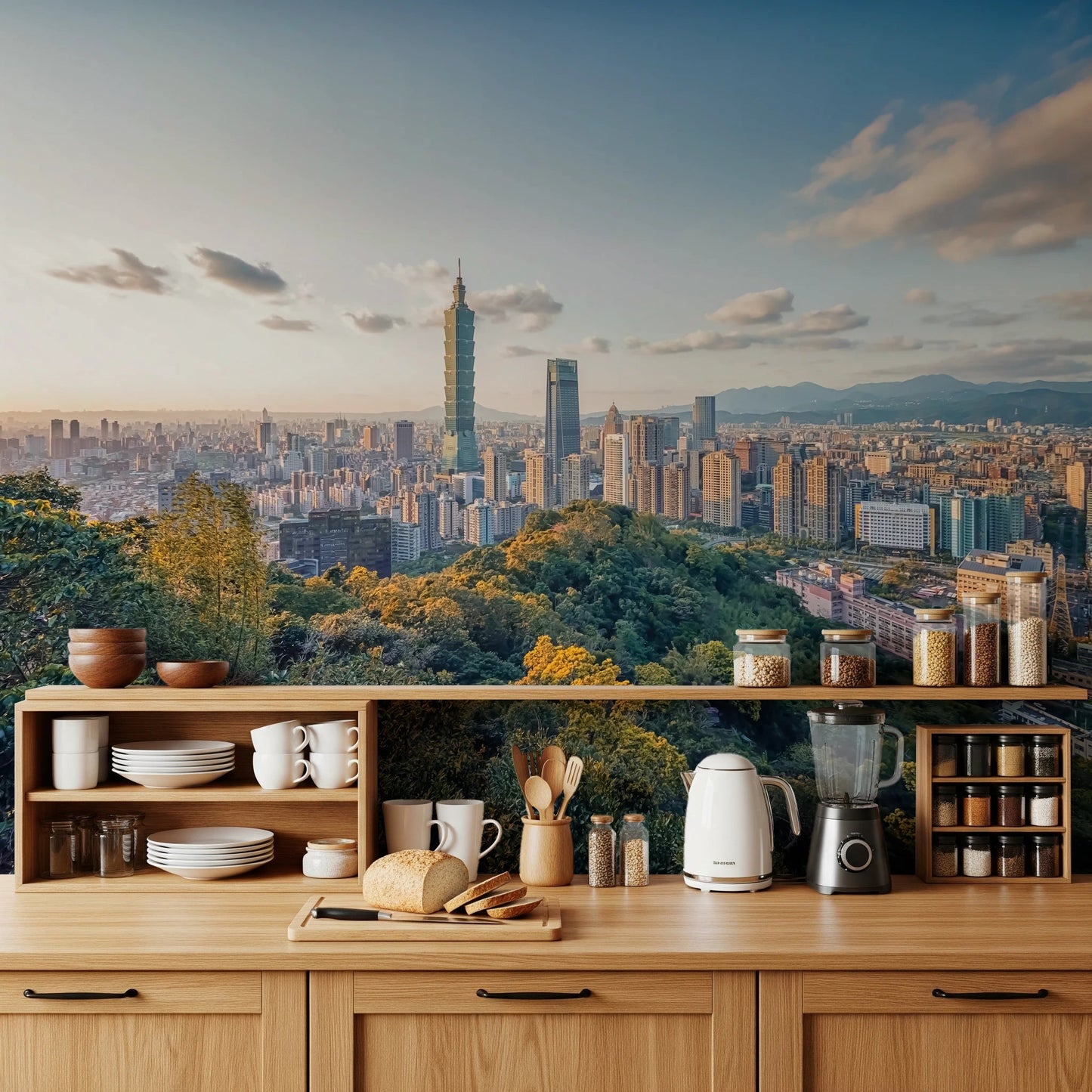Cityscape Vista wallpaper mural of Taipei 101 at sunset above a white sofa with a hairpin-leg coffee table