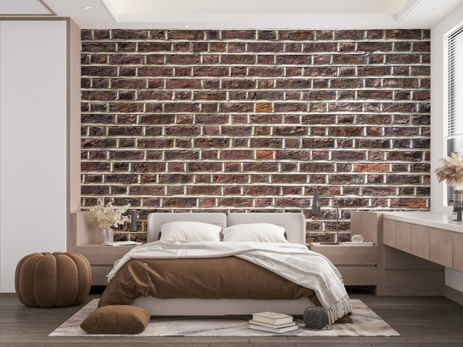 Exposed brick look wallpaper for kitchens, offices, or studios.

