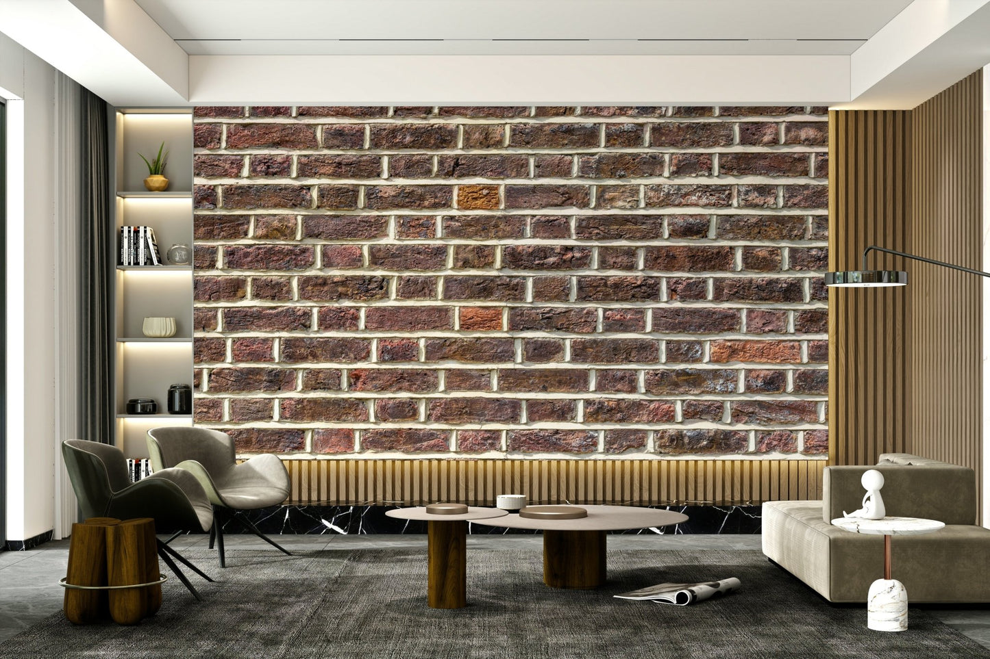 Red and brown brick wallpaper for rustic or industrial interiors.

