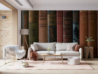 Bookcase inspired wall mural in neutral hues