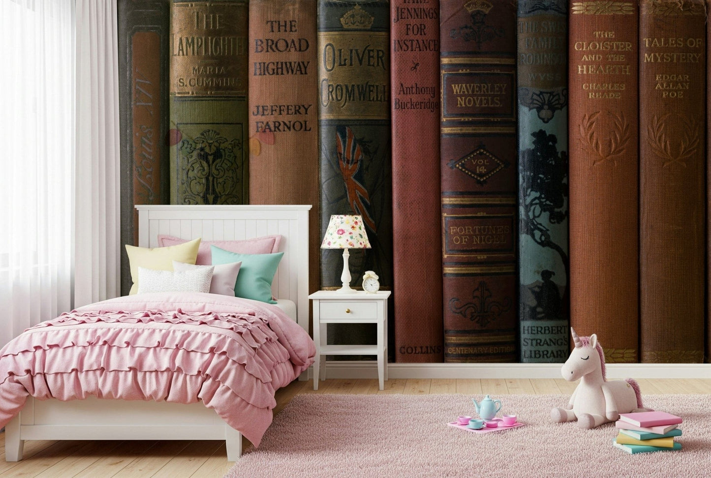 Literary themed wall mural with old titles