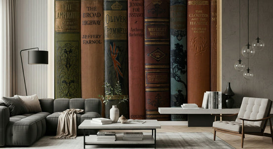 Vintage book spines wall mural in study