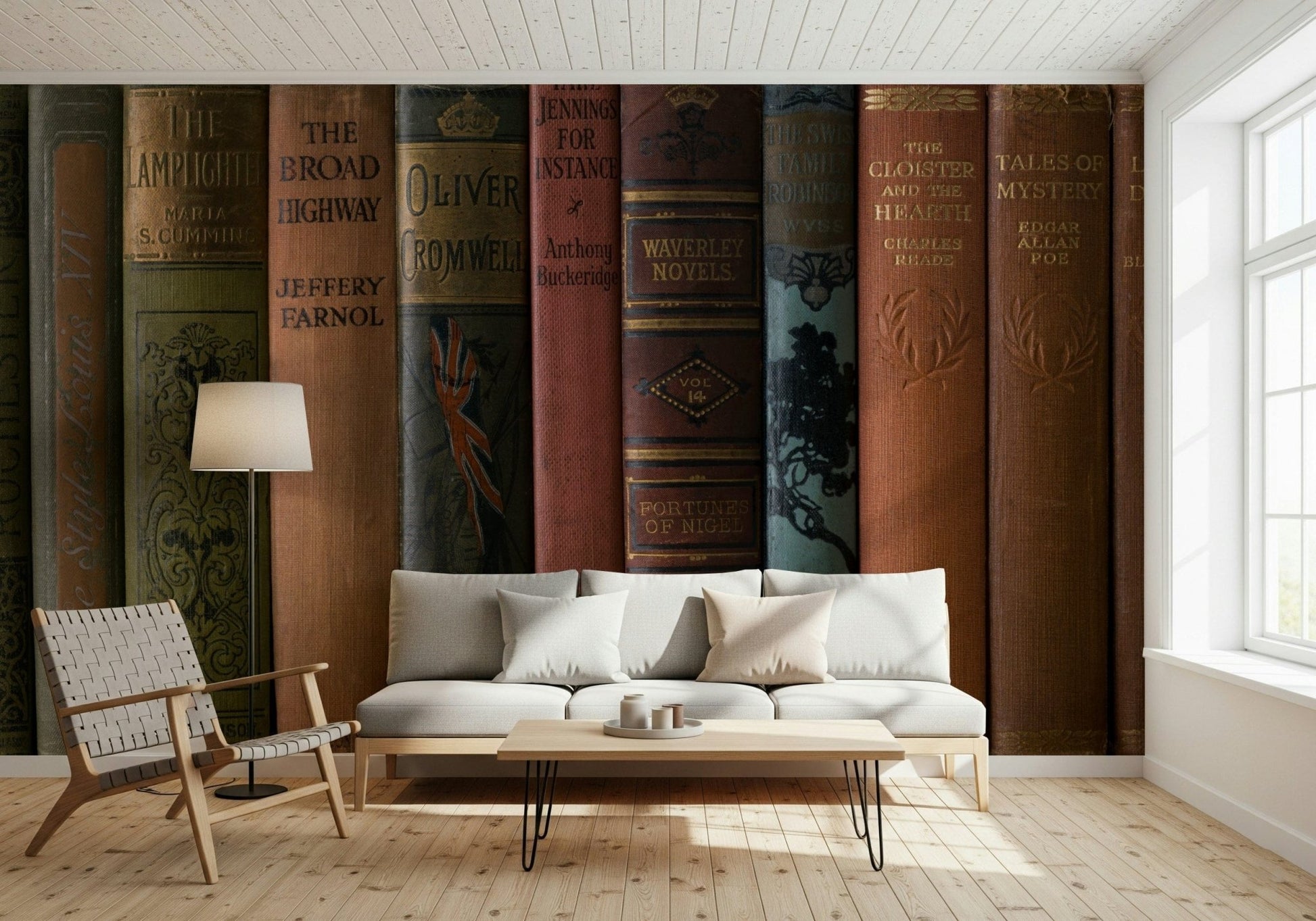 Retro book collection wall mural in detail
