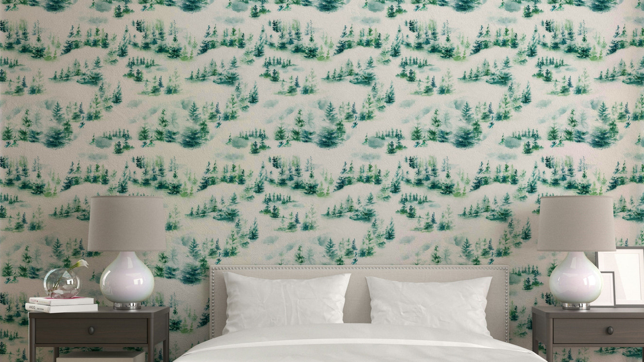 Vintage green wallpaper with classic snow trees


