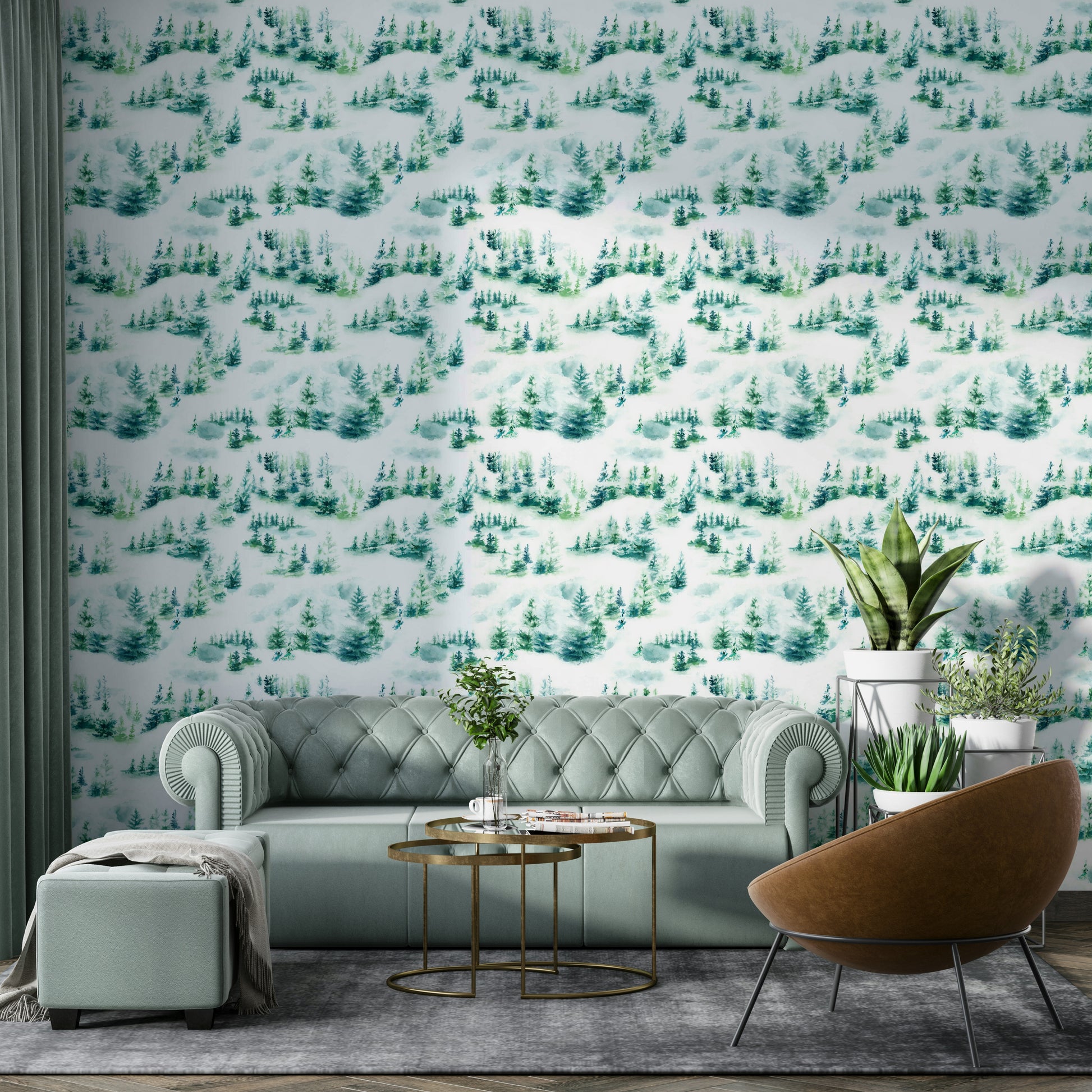 Green vintage wallpaper with frosted trees design

