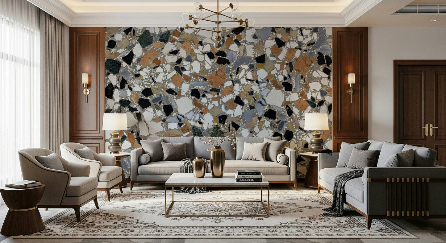 Earthy Terrazzo Mix patterned mural creates a beautiful accent surface.
