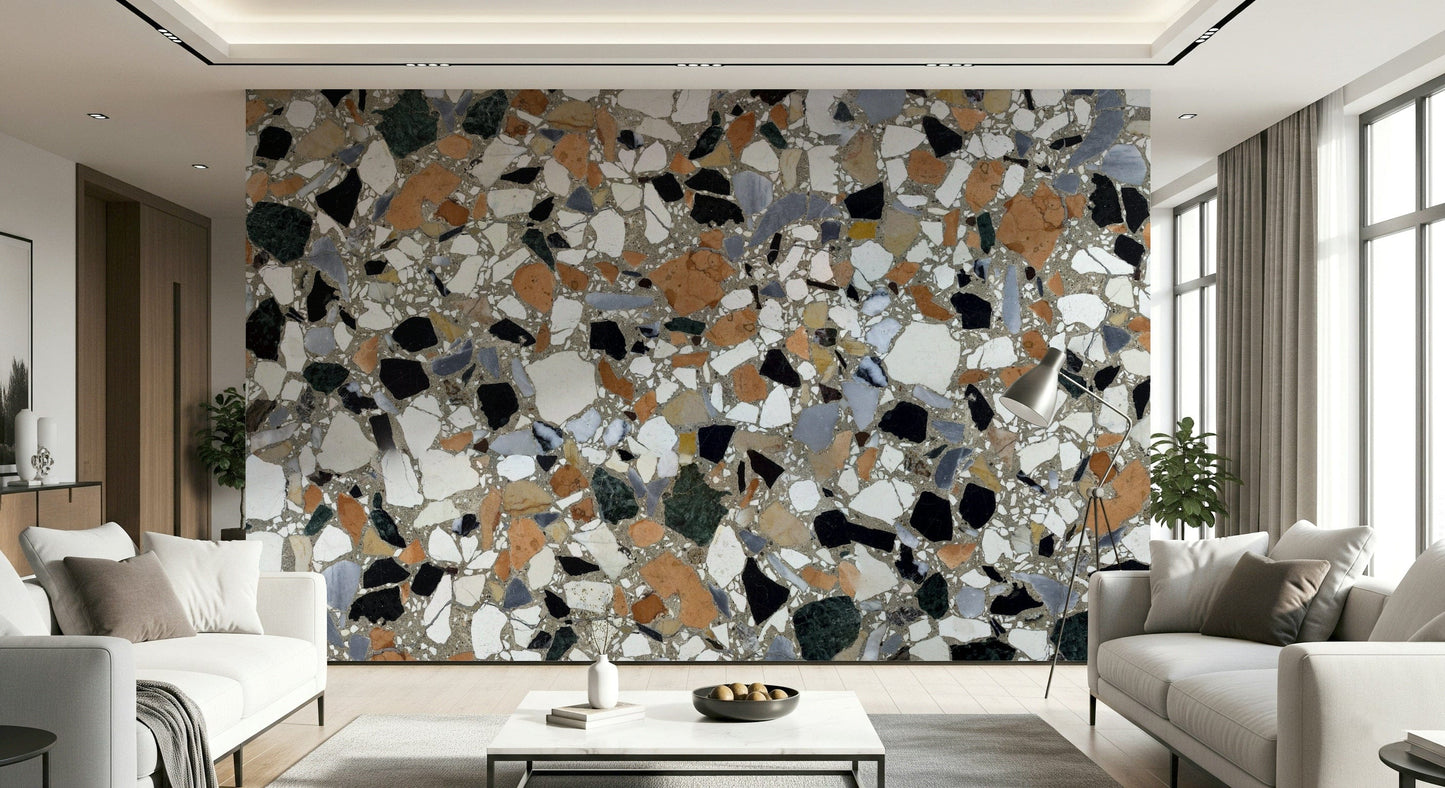 Textured Terrazzo tile look wallpaper for an authentic stone surface.