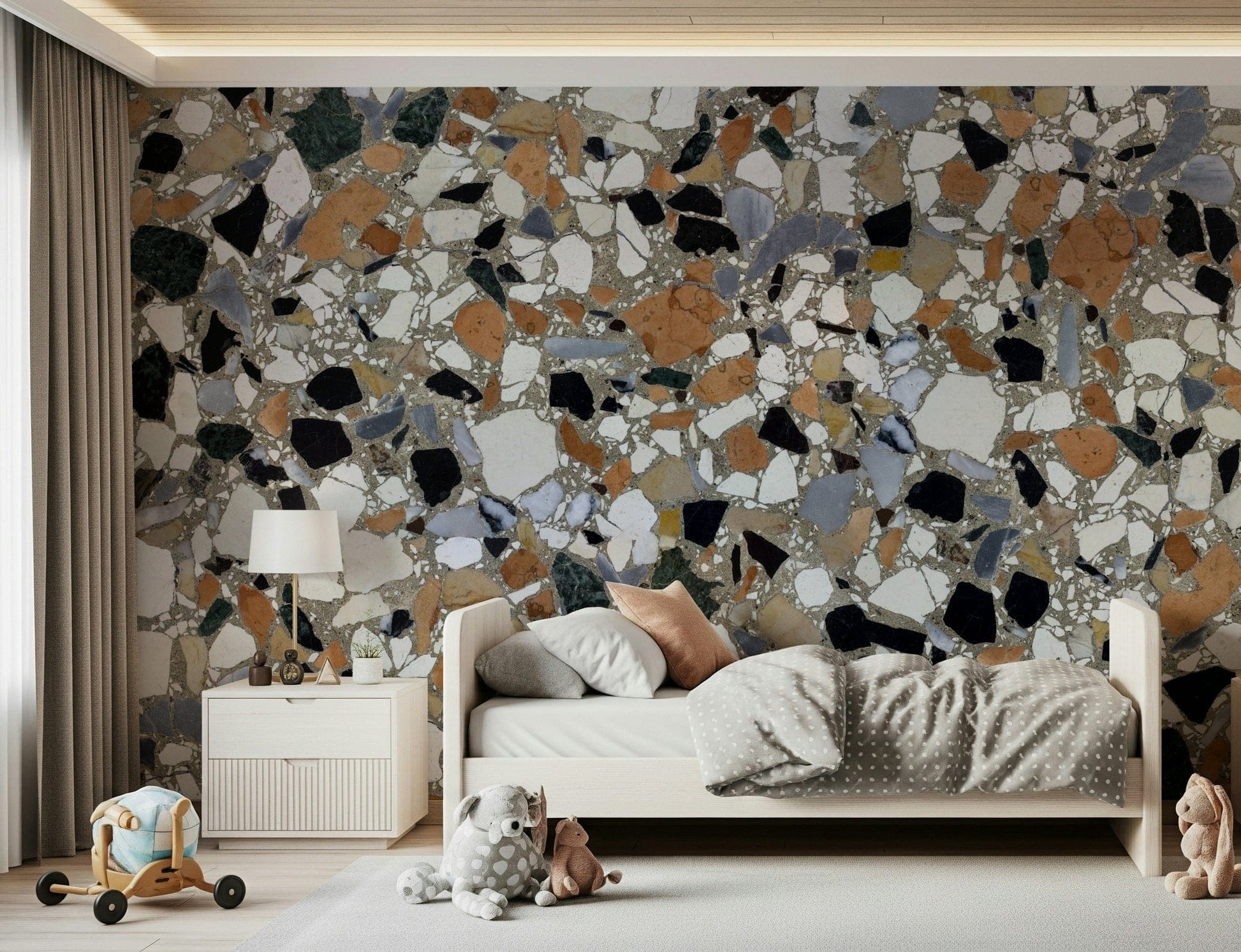 Gorgeous Terrazzo shard wallpaper features black, white, and rust stone.