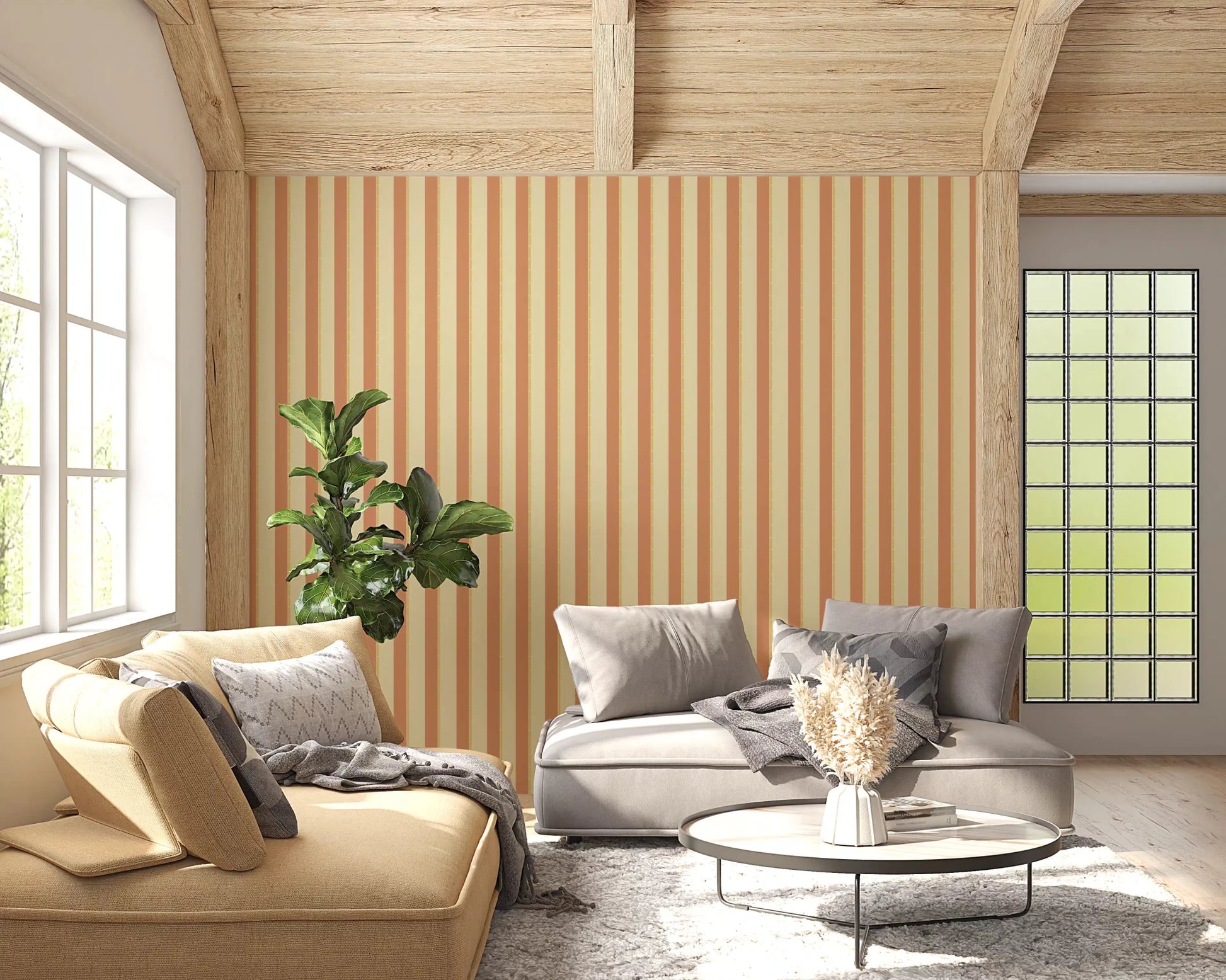 Durable terracotta and cream striped wallpaper for a stylish feature wall.