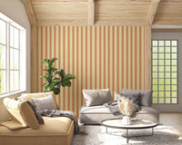 Durable terracotta and cream striped wallpaper for a stylish feature wall.