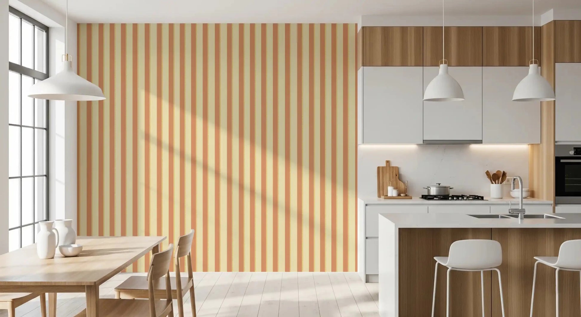 Classic Vertical Stripes Wallpaper with a high-quality matte finish on a dining area.