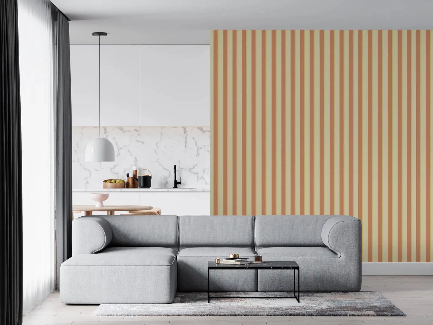Classic Vertical Stripes Wallpaper with a warm color palette for living room.