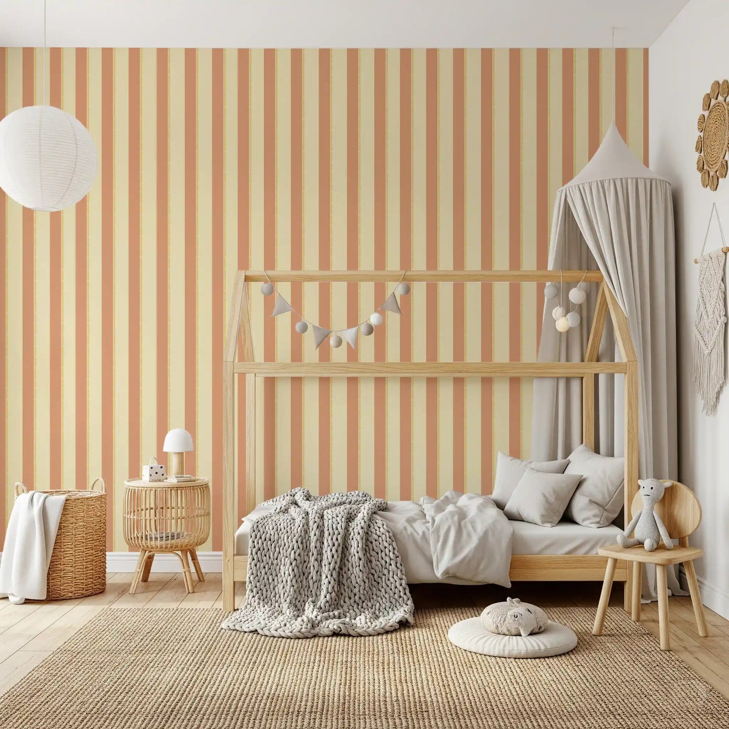 Earthy tone striped wallpaper providing a structured and balanced aesthetic.