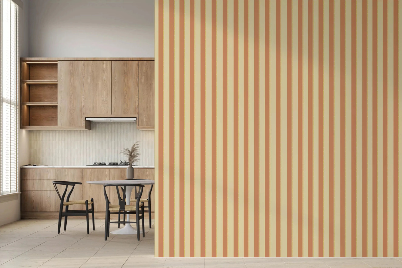 Classic Vertical Stripes Wallpaper with terracotta and cream linear design.