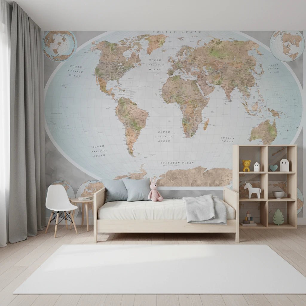 Classic world map in blue and earthy tones Wall Mural