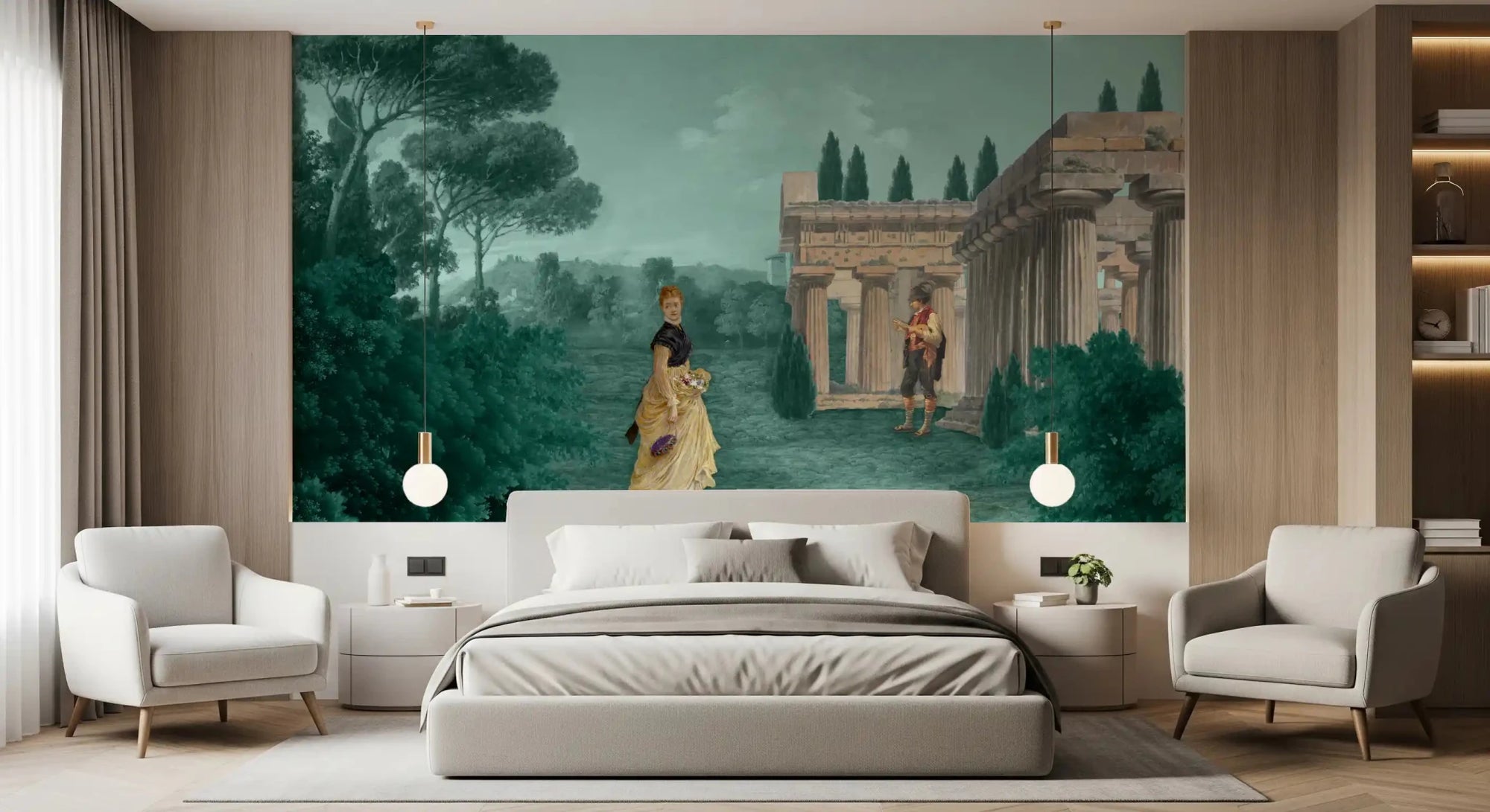 Bedroom styled with Classical Garden Retreat wall mural scenery