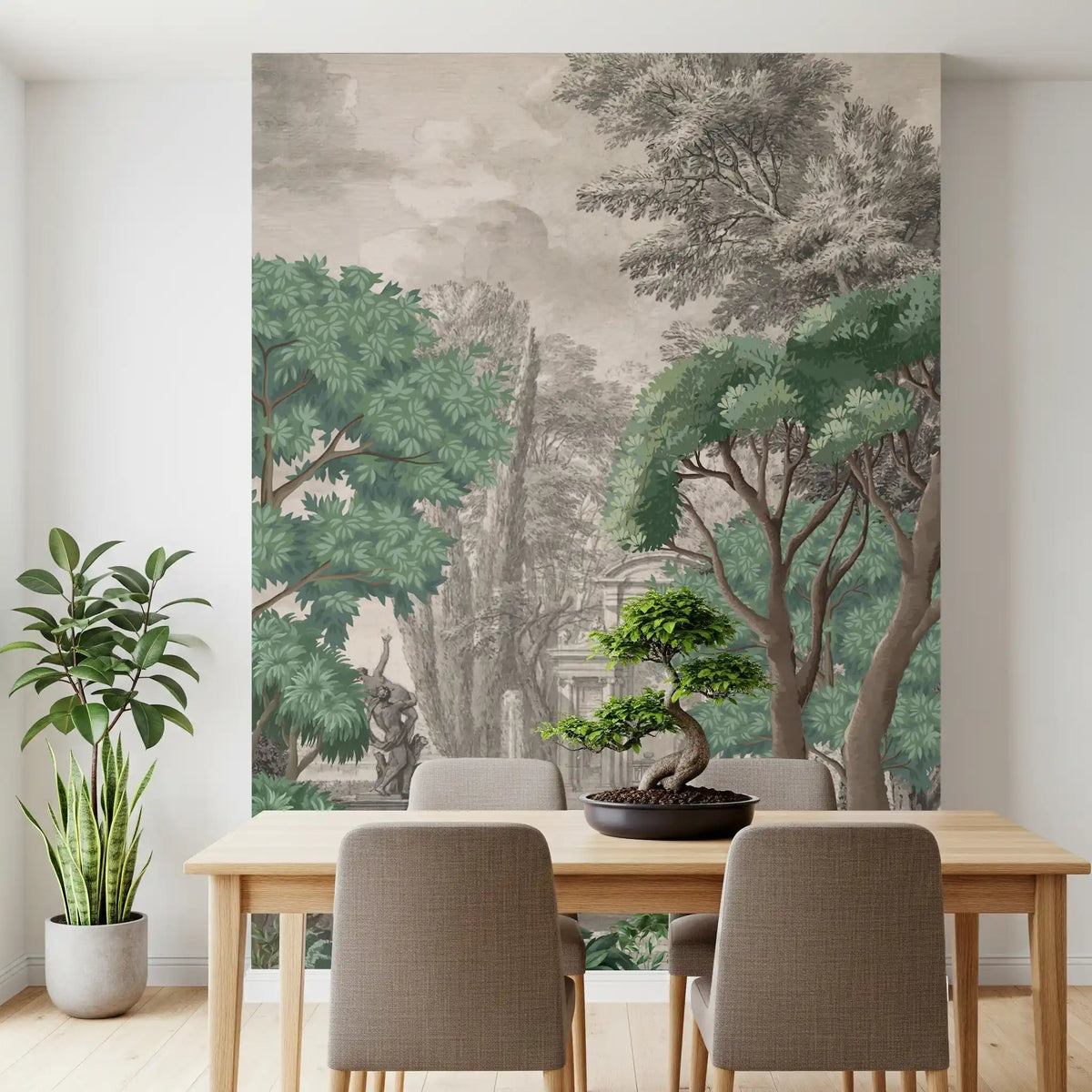 A living room features a green oasis wall mural with a central stone fountain.