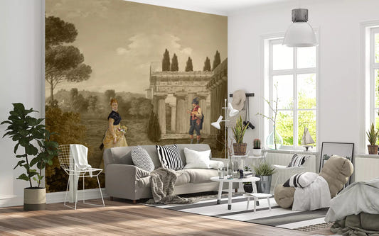 Classical Reverie in Sepia wall mural adds elegance to a formal Living room space.