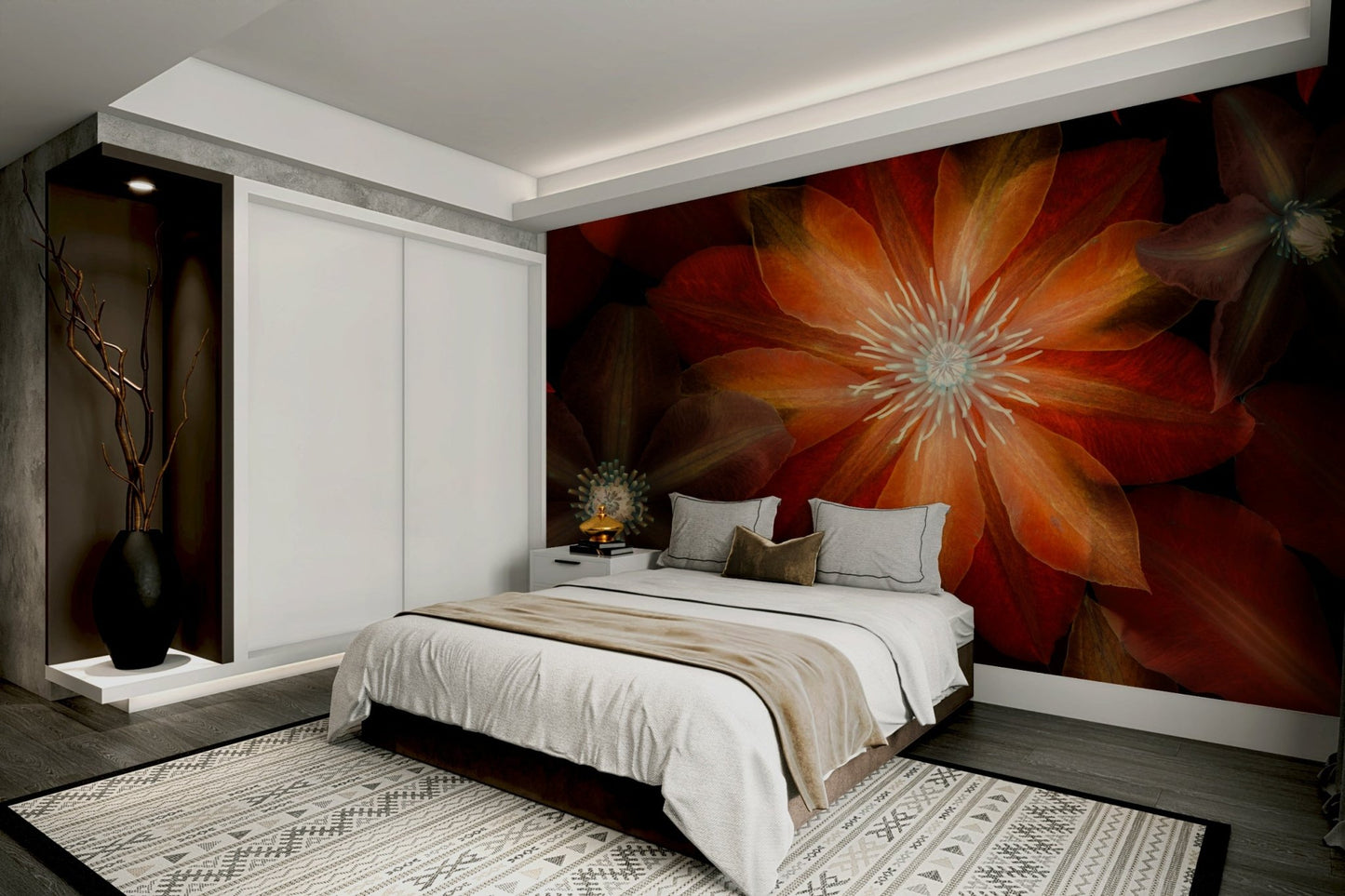 The mural is installed in a modern, eclectic living room.

