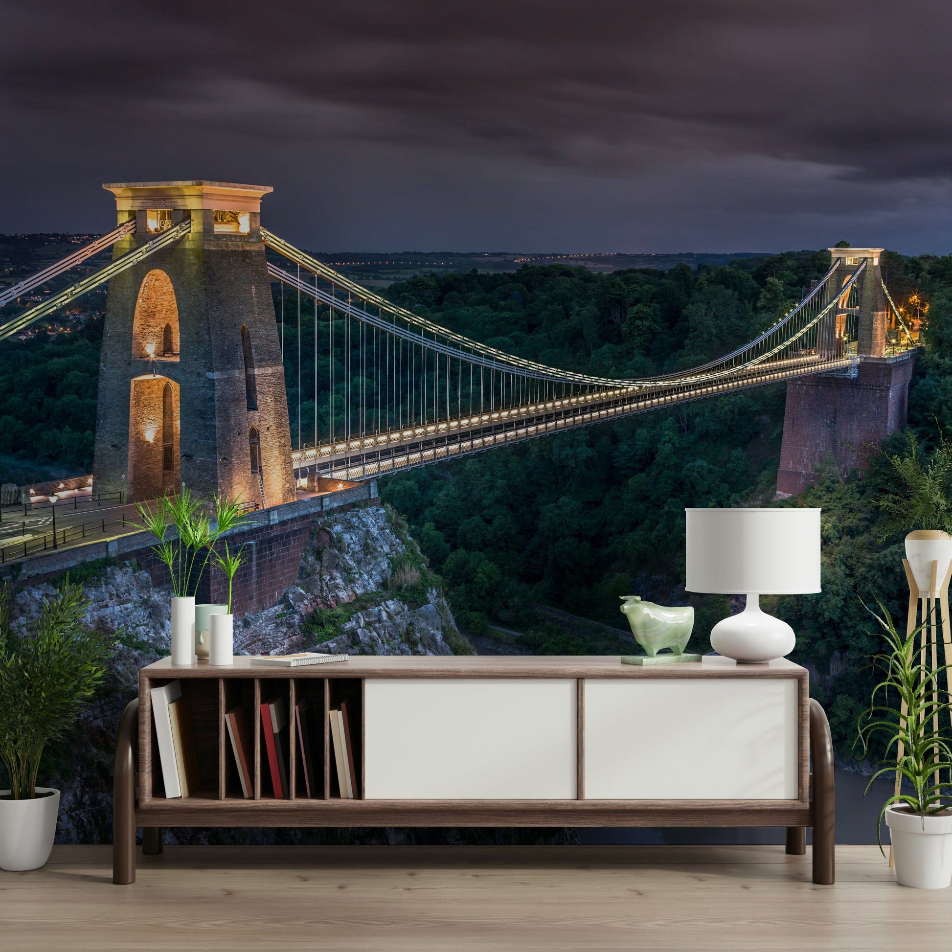 Night view spanning deep gorge featured in Clifton Suspension Bridge mural.