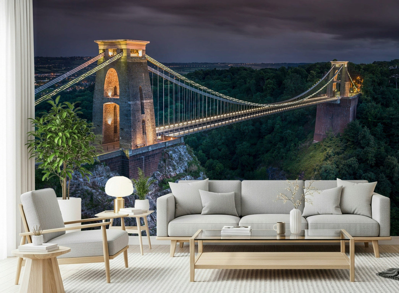 Iconic suspension structure of Clifton Suspension Bridge at night.