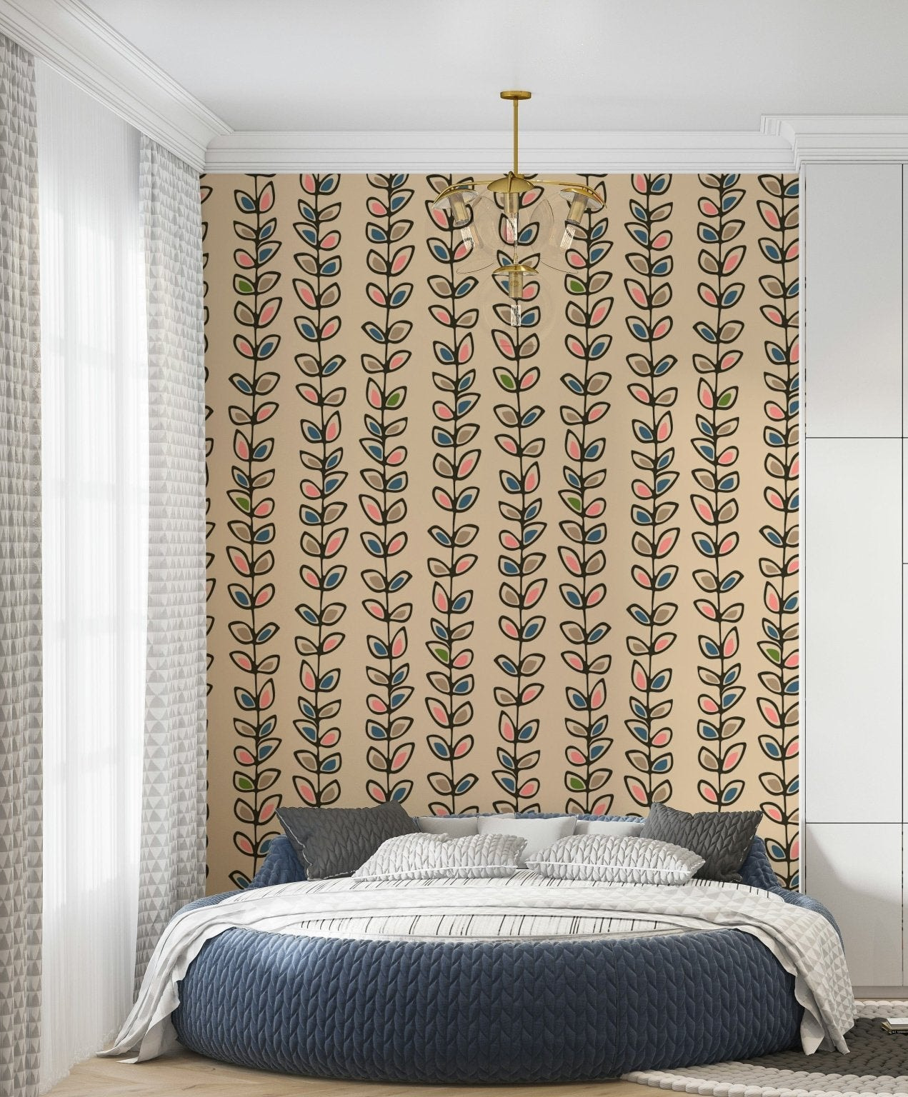 A retro leaves wallpaper featuring vertical climbing vines with colorful leaf patterns on a cream background.