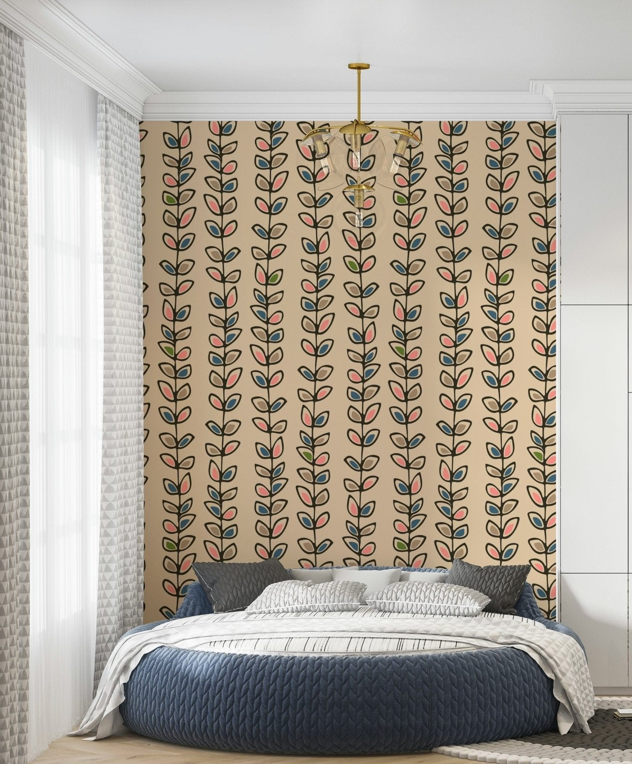 A retro leaves wallpaper featuring vertical climbing vines with colorful leaf patterns on a cream background.