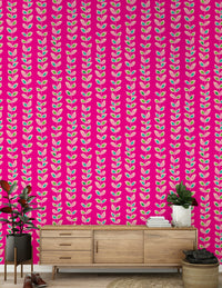 A cheerful patterned wallpaper showcasing bright vine stripes and stylized leaves in retro colors.