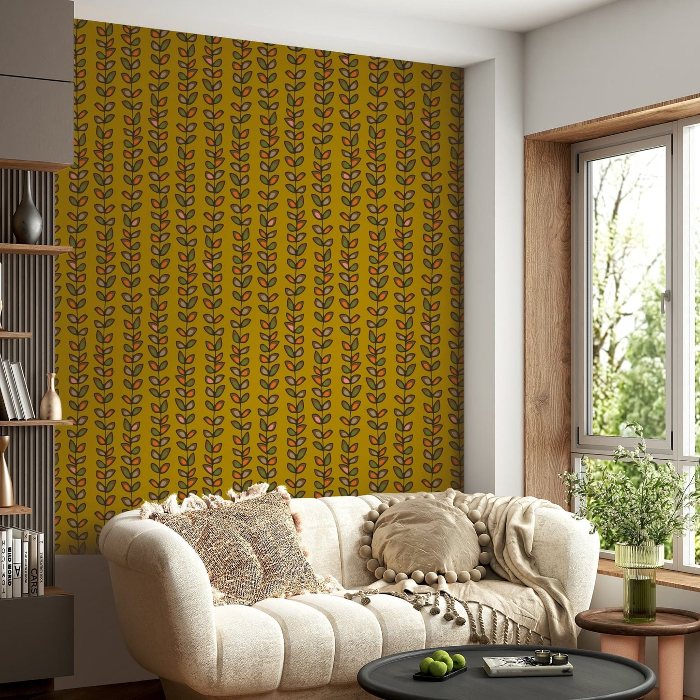 A retro leaves wallpaper featuring vertical climbing vines with multicolored leaves on a mustard yellow background.