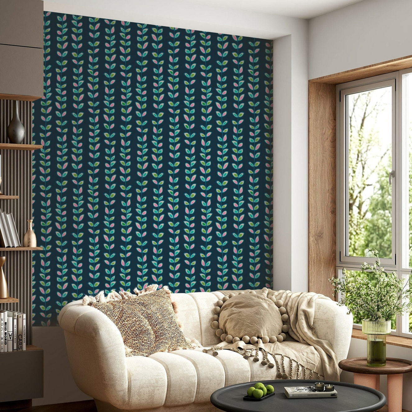 A retro leaves wallpaper featuring colorful vertical climbing vines against a deep navy blue background.