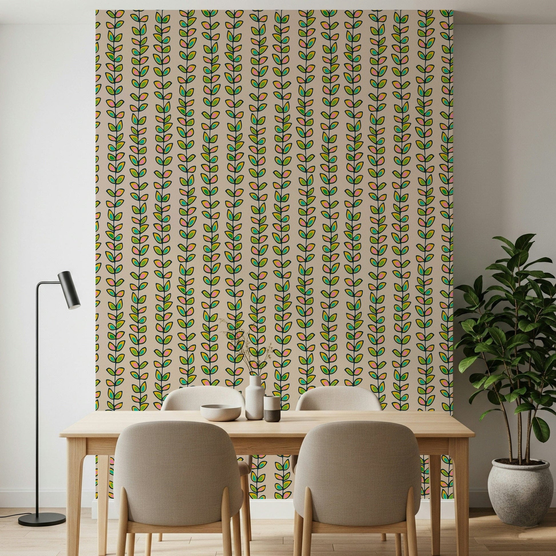 Striped vine motifs with green, yellow, and pink leaves creating a playful retro wallpaper on an off-white background.