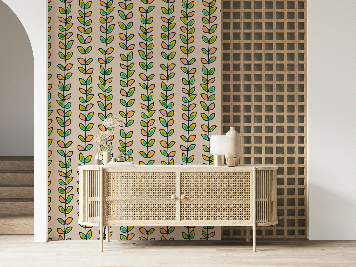A lively retro leaves wallpaper showing colorful leaf clusters aligned along upward vines on a soft off-white tone.