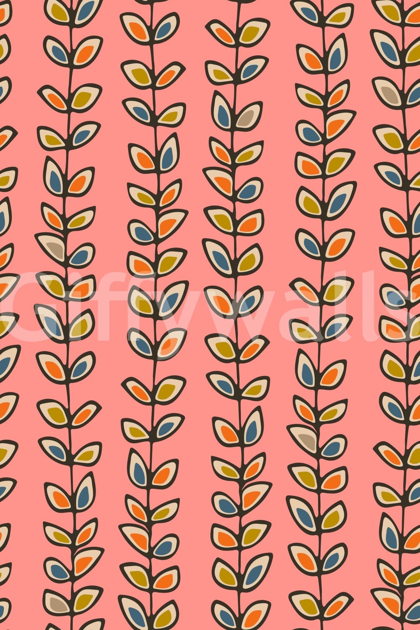 A nostalgic retro wallpaper featuring upward-climbing vines with multicolored leaves on a pink base.