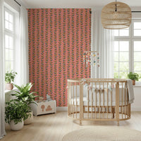 Vertical botanical stripes with outlined retro leaves adding charm to a soft pink wallpaper design.