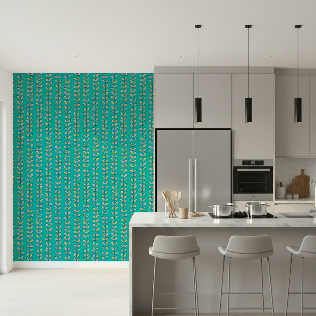 A turquoise wallpaper decorated with repeating vertical vines and outlined multicolored retro leaves.