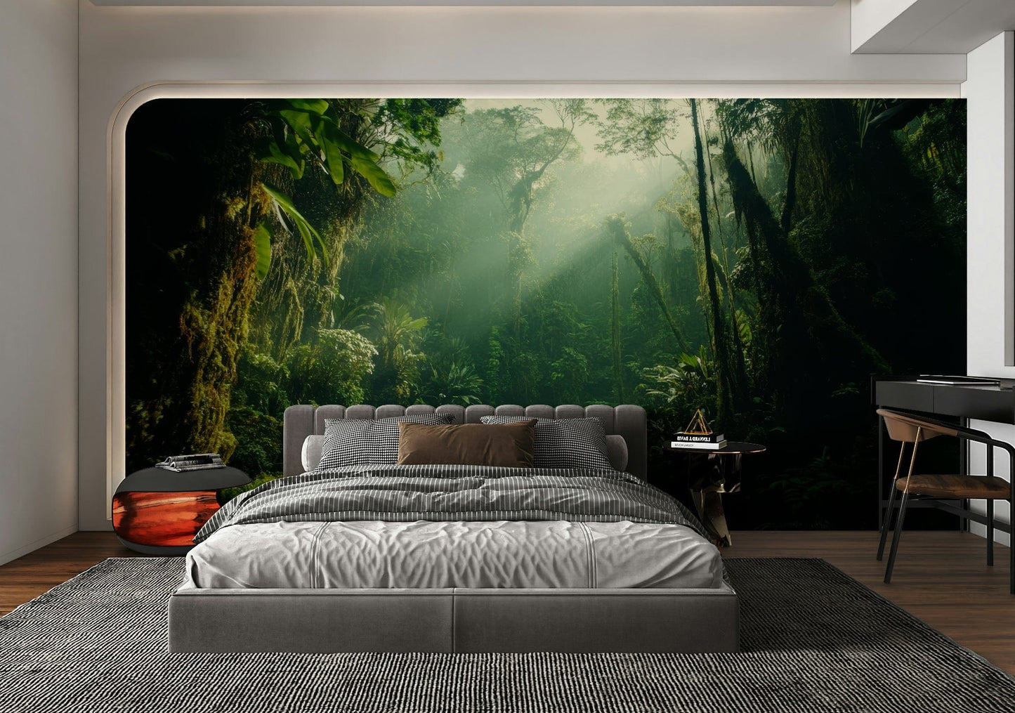 A peaceful open forest mural on decorative wallpaper.

