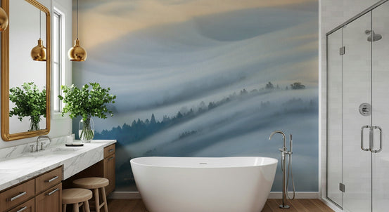 Cloud Veil Vista wallpaper mural of misty fog over forest hills in a bathroom with freestanding tub and wood vanity