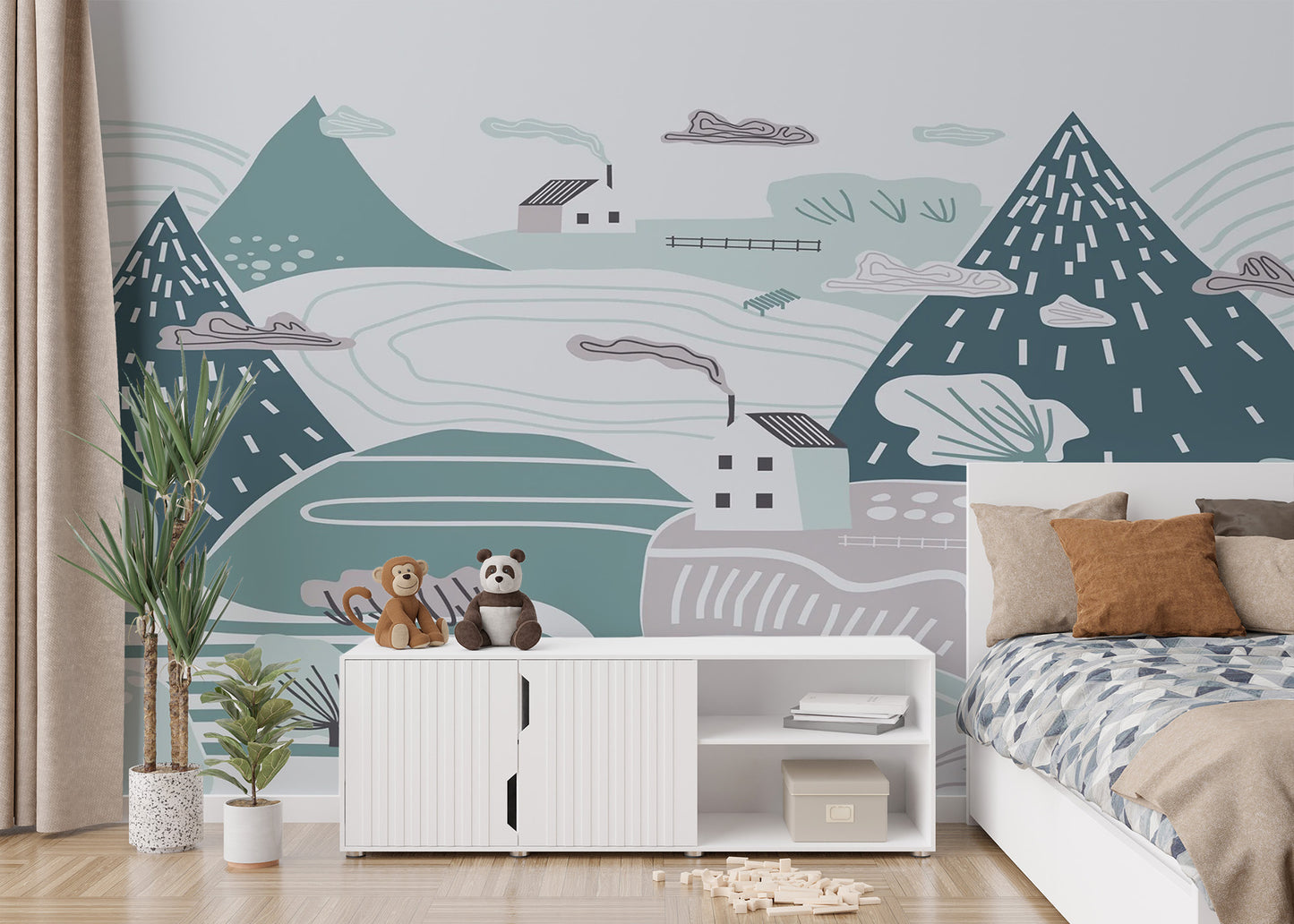 Cozy nursery wallpaper with winter landscape
