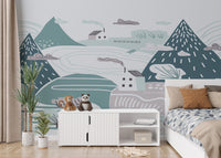 Cozy nursery wallpaper with winter landscape
