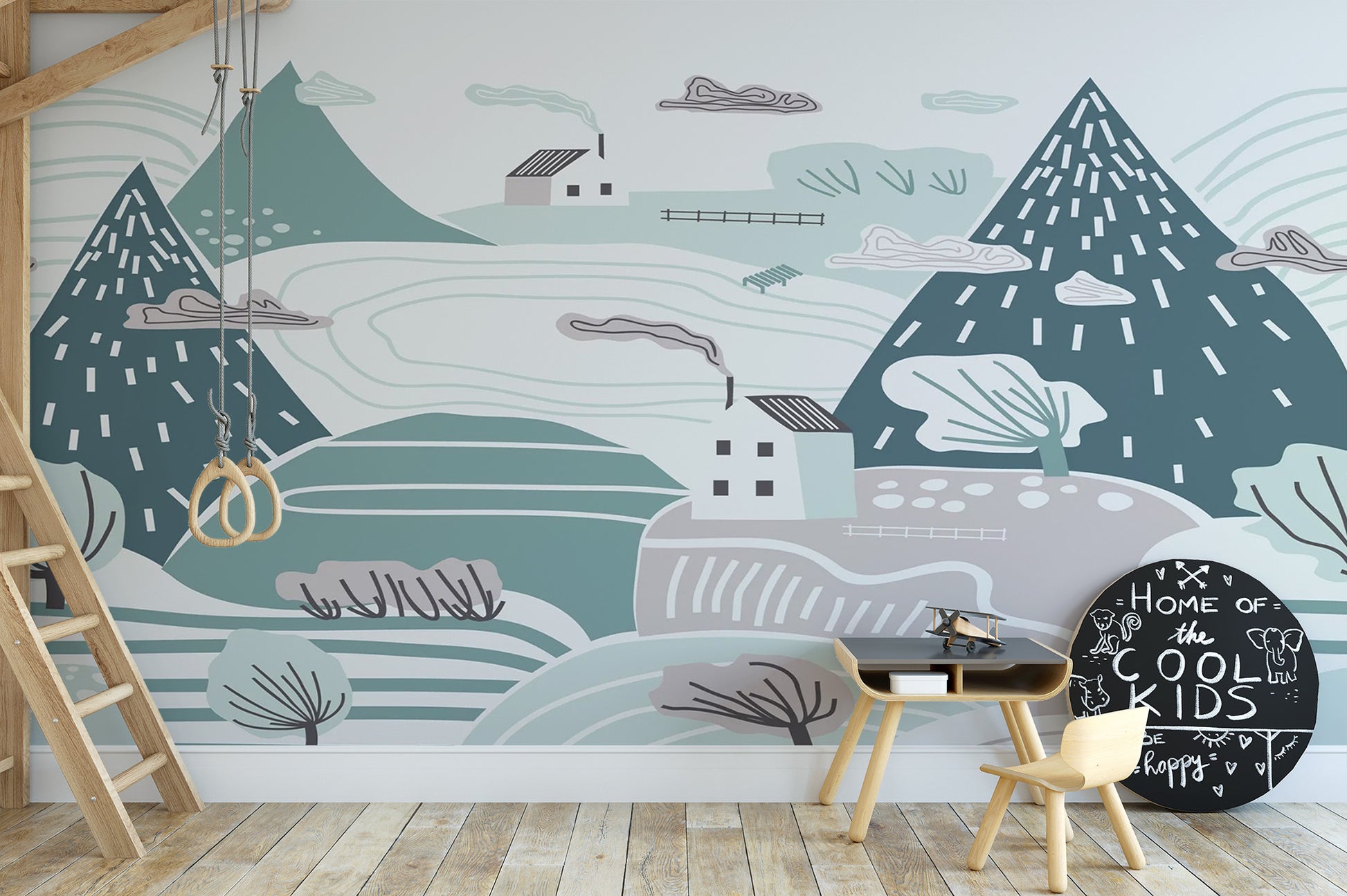 Child-friendly winter countryside wallpaper mural
